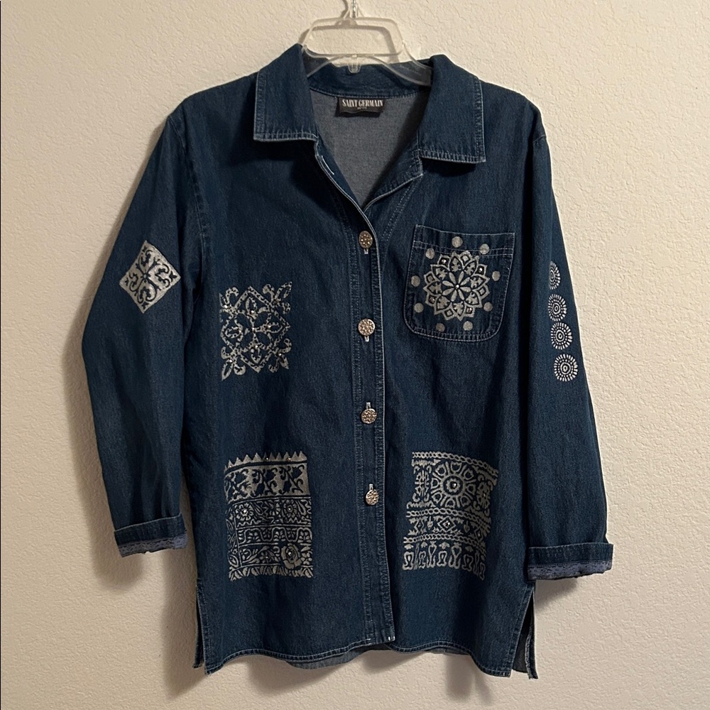 Navy Blue Embroidered Jean Jacket